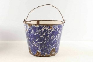 Rustic Antique Blue & White Swirl Enamelware Bucket Great For Flower Pot Planter