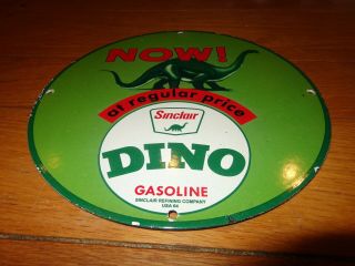 Vintage 1964 Sinclair Dino Gasoline W/ Dinosaur 11 3/4 " Porcelain Metal Oil Sign