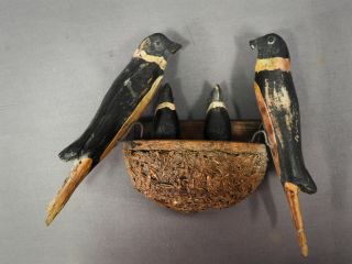 Vintage Folk Art / Tramp Art Hand Carved Birds: Barn Swallows & Chicks In Nest