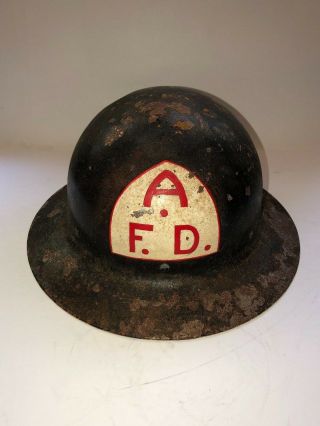 Rare Vintage Antique Metal Fire Helmet Red White Lettering,