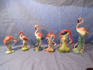 6 Vintage Mid - Century Porcelain Pink Flamingo Porcelain Ceramic Figurines