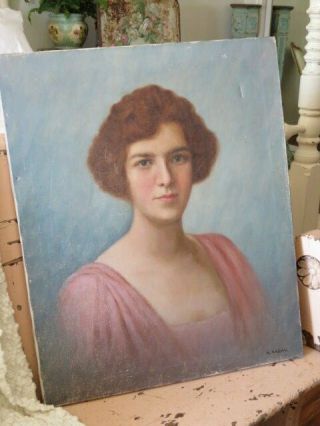 Breathtaking Old Vintage Portrail Oil Painting Woman Pink Top On Canvas