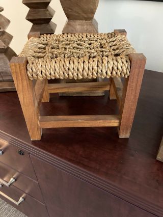 Vintage Wooden & Rope Foot Stool Primitive Small 7”x9.  5”x8” Children’s Stool
