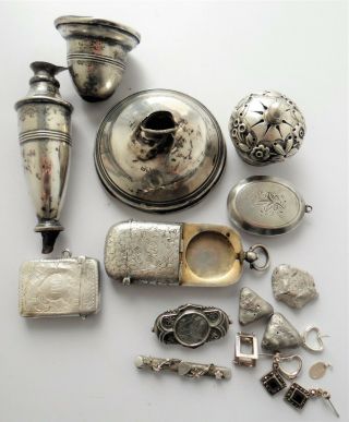 Antique & Vintage Solid Silver 925 Candlestick Vesta Case & Jewelery - Scrap
