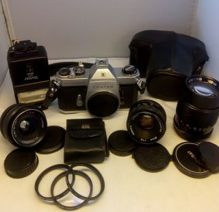 Vintage Pentax Spotmatic F 35mm Camera With 3 Lenses & Flash