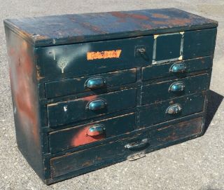 Old Vtg Antique Industrial Wood Tool Box Drawer Pull Cabinet Shop Teal Blue