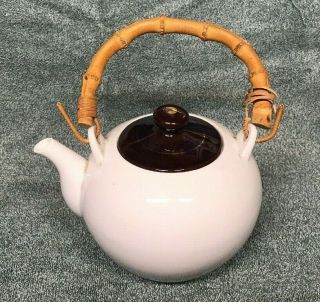 Vintage Teapot With Bamboo Handle - White Ceramic With Brown Lid