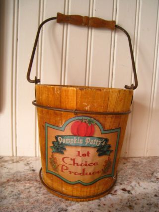 Primitive Antique Style Wood Berry Bucket Bale Handle Paper Label 5 "