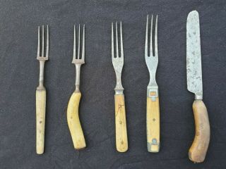 Antique Primitive Cutlery,  4 Forks And Knife