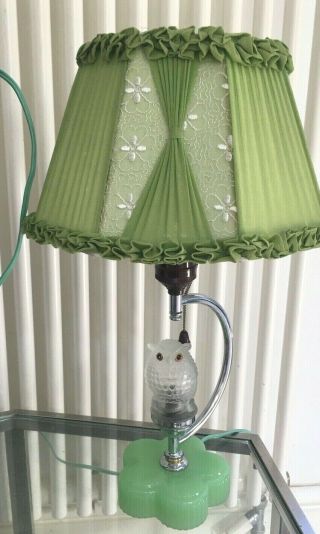 Vintage Table Light Lamp,  Glass Owl,  Green Chiffon Shade,  Chrome Base Foreign