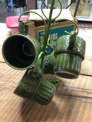 Vintage Green Ceramic 4 Mug Set With Metal " Tree " Stand / Japan / 1970 