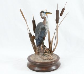 Signed Glm Vintage Great Blue Heron Wood Carving Painted Sculpture Cattail Bird