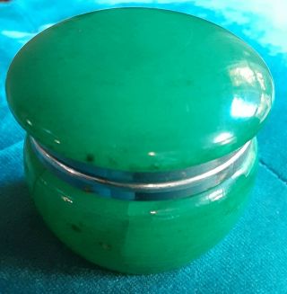Vintage Green Alabaster Silver Framed Pillbox
