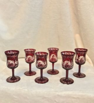 Vintage 1920s Egermann Ruby Red Bohemian Czech Art Glass - Set Of 6 Tall Cordial