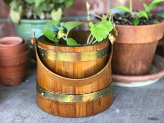 Vintage Wooden Sugar Bucket With Handle Plants Kitchen Utensils Flowers Veggies