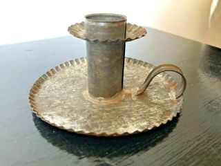 Antique Tin Embossed Chamber Stick Candle Holder Primitive Country Distressed