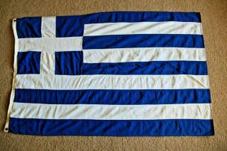 Vintage Old Greece Blue & White Country Flag Yellowed Cotton Or Linen? 30 " X 52 "