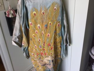Antique Vintage Japanese Silk Kimono Chinese Robe Embroidered Feathers