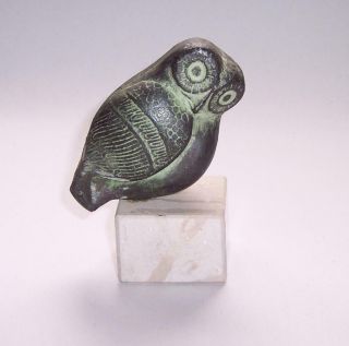 Vintage Antique Cast Bronze Owl Bird Figure Sculpture On Marble Stone Plinth