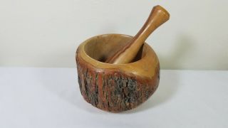 Vintage Wood Mortar And Pestle W/ Bark Rustic Crush Herbs