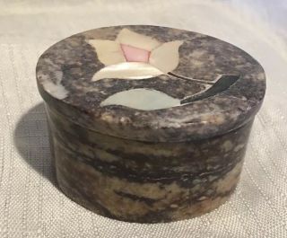 Vintage Soap Stone Trinket Jewelry Box Dish Oval Carved W/ Flower Inlaid Ex,
