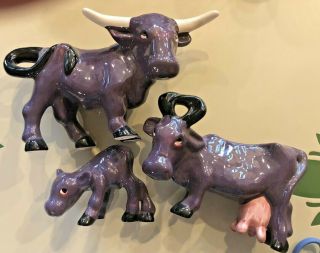 Vintage Brayton Laguna Pottery Purple Cow Mom,  Bull,  Calf California Figure