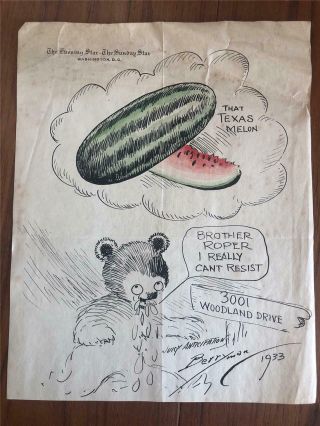 1933 C K Berryman Pol.  Cartoon Washington Star Texas Melon Teddy Bear