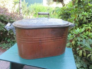 Antique Vintage Primitive Copper Boiler Wash Tub With Lid & Wood Handles