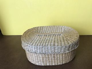Vintage Hand Woven Sweet Grass Oval Basket With Lid 7”x 5”