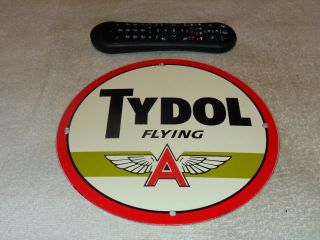 Vintage " Tydol " W/ Flying A Gasoline Wings 9 3/4 " Porcelain Metal Gas & Oil Sign