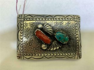 Vintage Native American Navajo Sterling Silver Coral & Turquoise Belt Buckle