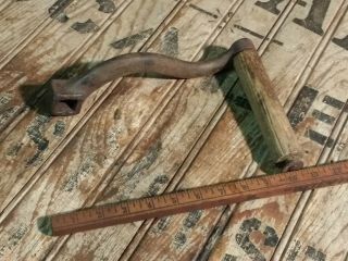 Antique Vintage Curved Cast Iron,  Wood Handle Crank,  Decor Steampunk Farmpunk.