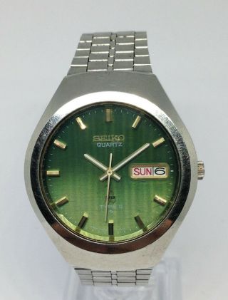 Vintage Men ' s SEIKO TYPE II Quartz Watch.  36mm.  Green Dial.  Day,  Date. 2