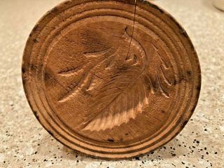 Wooden Butter Mold Press Hand Carved Pine Leaf & Leaves Vtg Antique Primitive