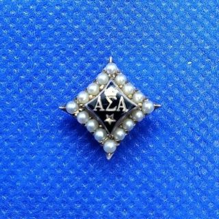 Dainty Alpha Sigma Alpha Sorority Pin 14k Gold & Seed Pearls 9.  75mm Square