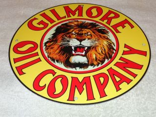 Vintage Gilmore Oil Company W/ Lion 11 3/4 " Porcelain Metal Enamel Gasoline Sign