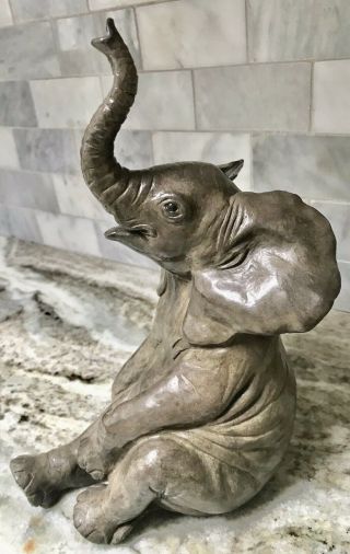 American Artist Dh Turner Signed Heavy Bronze Baby Elephant Wildlife Sculpture