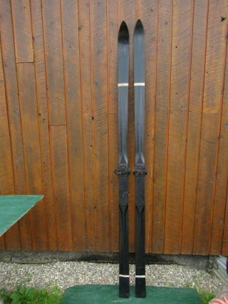 Vintage Wooden 89 " Long Skis Old Black Finish With Metal Bindings