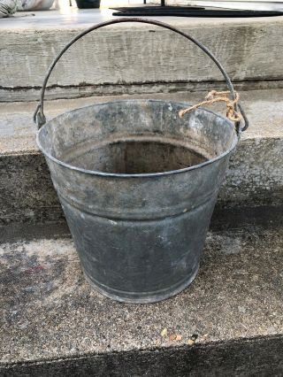 Vintage Primitive Patina Large Galvanized Tin Metal Bucket & Handle