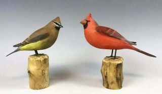 2 Hand Carved Painted Wooden Bird Statues - Cardinal & Cedar Waxwing Peter Peltz