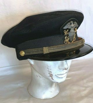 Wwii Usn Us Navy Officer Visor Hat Black Sterling Silver Aloha Cap Co 7 1/4