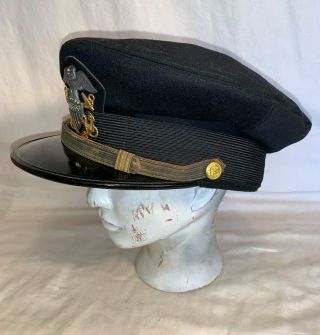 WWII USN US Navy Officer VISOR HAT black sterling silver ALOHA CAP Co 7 1/4 3