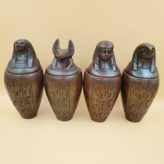 Antique Set Of 4 Egyptian Ancient Canopic Jars Organs Storage Statues Xxx - Large
