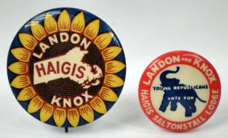 2 Vintage 1936 Alf Landon & Knox & Massachusetts Coattails Pinbacks Pins