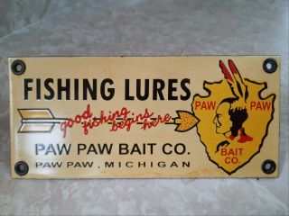 VINTAGE PAW PAW BAIT COMPANY FISHING LURES PORCELAIN SIGN RV CAMPING FISHING 2