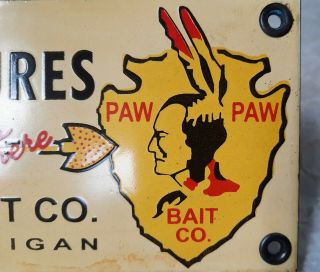 VINTAGE PAW PAW BAIT COMPANY FISHING LURES PORCELAIN SIGN RV CAMPING FISHING 3