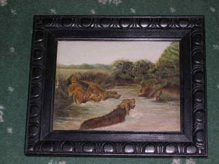 Antique Otterhound Otter Hunting Dog Oil Painting By T Harris 1917