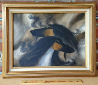 Vintage Vic Tor Berger Black And Tan Afghan Hound Dog Duo Oil On Board Painting