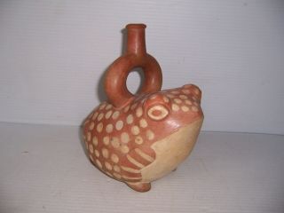Pre - Columbian Peru Early Moche Pottery Spotted Frog Stirrup Vessel Artifact 2