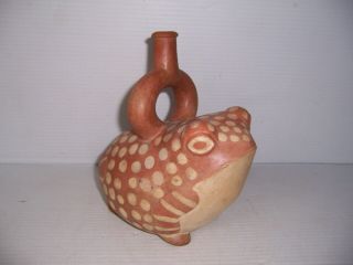 Pre - Columbian Peru Early Moche Pottery Spotted Frog Stirrup Vessel Artifact 3